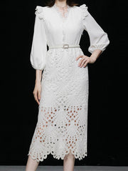 High Quality French White Lace V Neck Long Sleeve Belt Elegant Dress