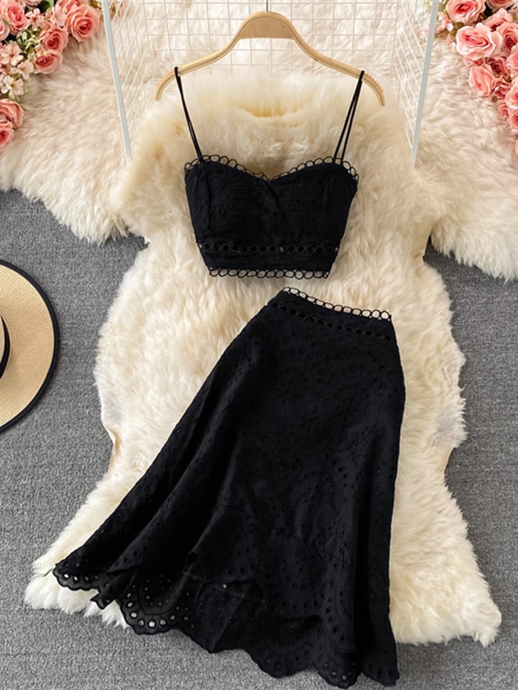 Embroidery Two Piece Set Sexy Backless Tube Top + High Waist Irregular Bodycon Skirt High Quality