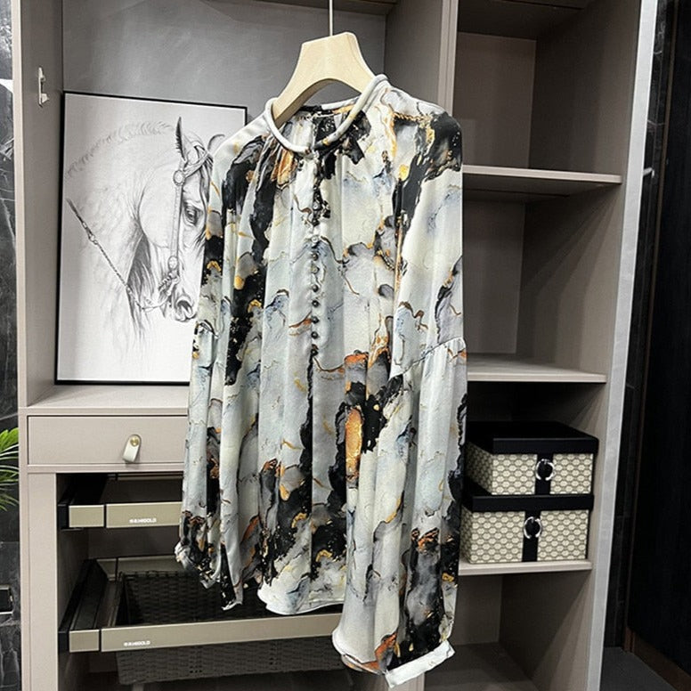 High Quality Lantern Sleeve Round Neck Silk Shirts