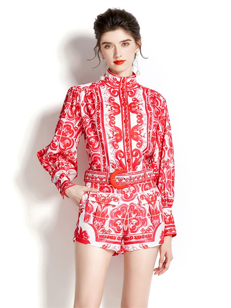 High Quality Print High Neck Lantern Long Sleeve Belted 2 Piece Set