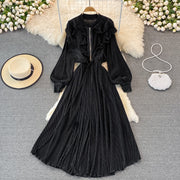 High Quality Long Sleeve Stand Collar Ruffle Drawstring Pleated Dress