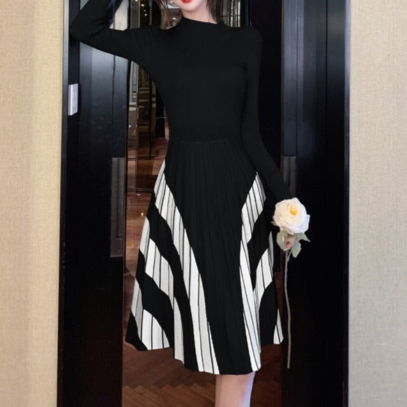 High Quality Striped Long Sleeves Pleated A Line Sweater Dress