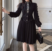 High Quality Pleated Long Sleeve Black Elegant Dress