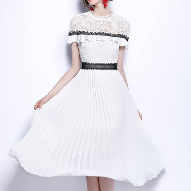 High Quality Vintage Designer Short Sleeve Floral Lace Sexy Pleated Dress