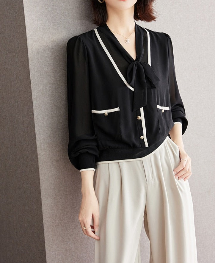 High Quality Long Sleeve Lace Up Chiffon Vintage Blouse