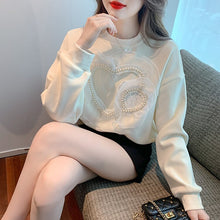 Loose Women Tops Mesh Beading Casual Sweatshirt O-Neck Vintage Work Korean Long Sleeve Simple T-Shirts