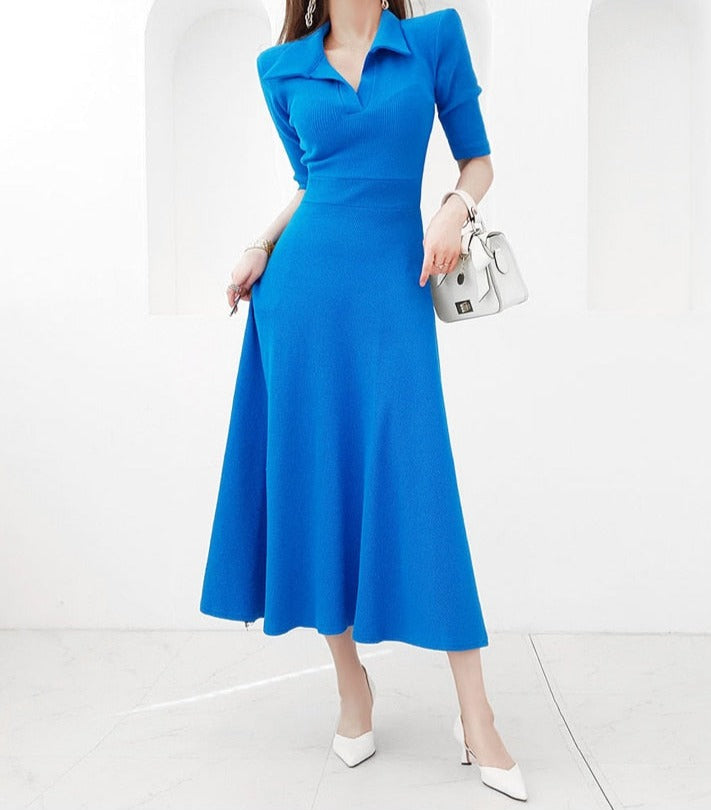 High quality long stretch knit blue dress