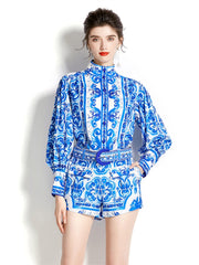 High Quality Print High Neck Lantern Long Sleeve Belted 2 Piece Set