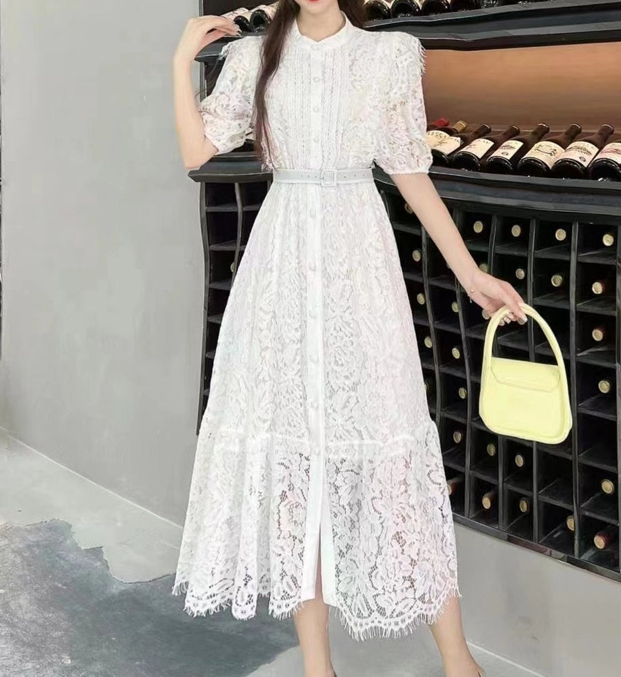 High quality multi color sleeves lace midi elegant vintage dress