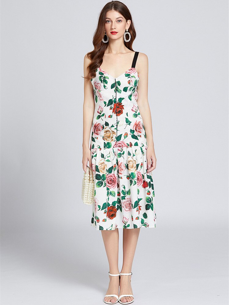 Sleeveless Floral Print Backless V Neck Knee Length Dress