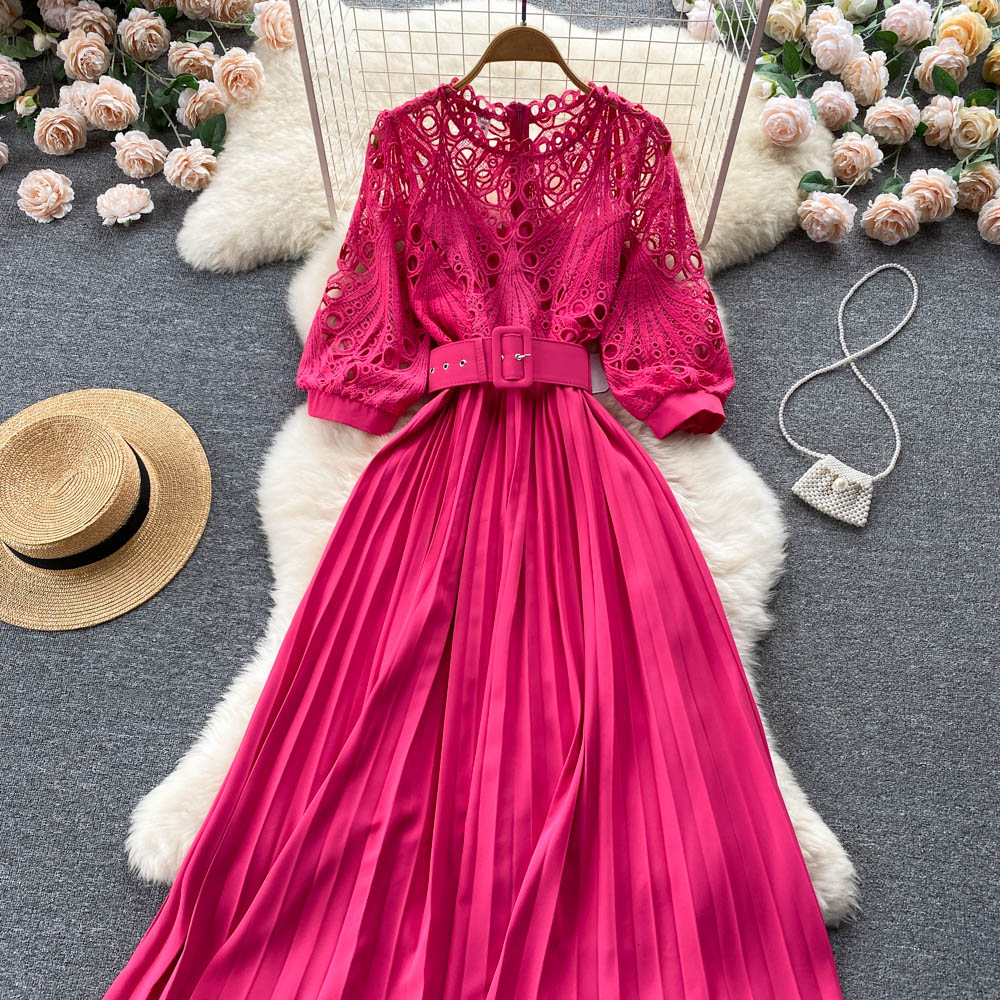 High-quality multi-color belted pleated lace dress with long High-quality multi-color belted pleated lace dress with long