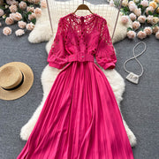 High-quality multi-color belted pleated lace dress with long sleeves