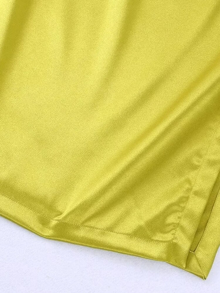 Nine Quarter Sleeve Side Slit Yellow Satin One Shoulder Midi Dress