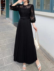 High quality vintage belted round neck half sleeve hollow out lace dress