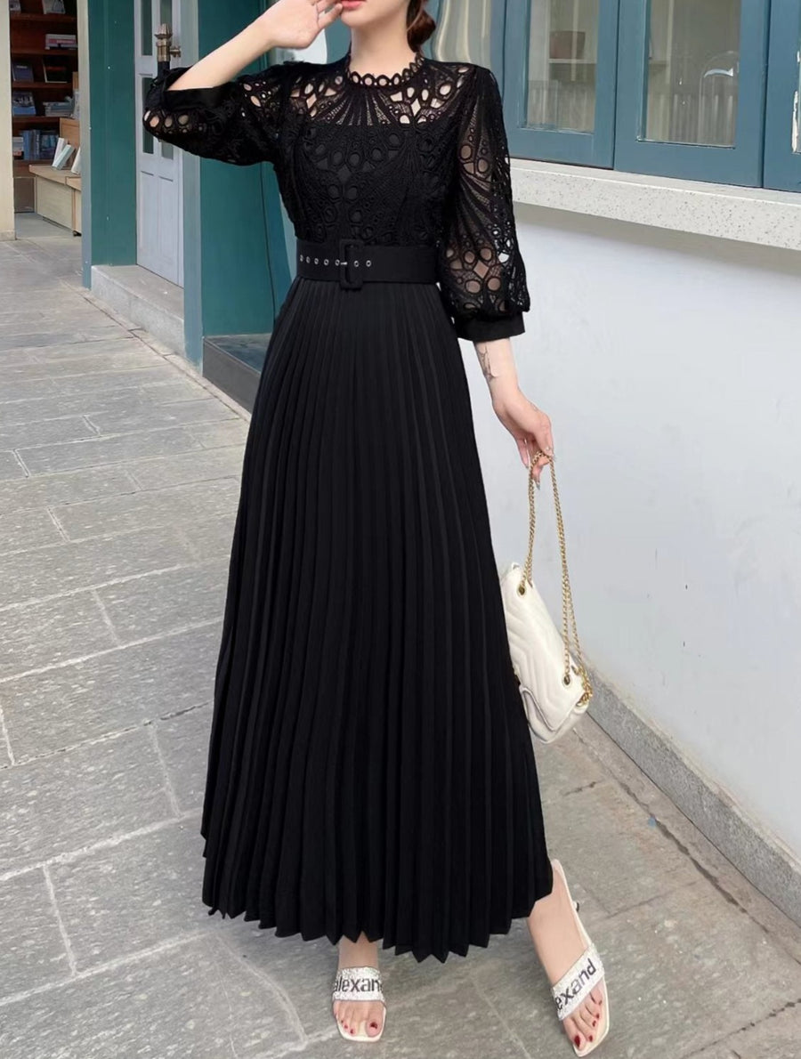 High quality vintage belted round neck half sleeve hollow out lace dress