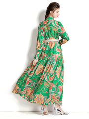 High Quality Loose Belt Floral Print Multicolor Long Sleeve Lantern Dress