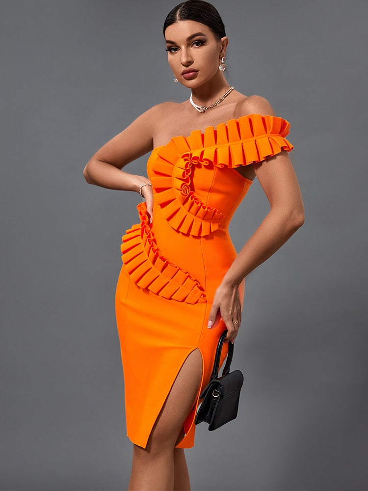 High Quality Sexy One Shoulder Elegant Orange Ruffles Bandage Dress