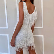 Off Shoulder Dresses V-Neck Feather Stitching Sequined Fringed