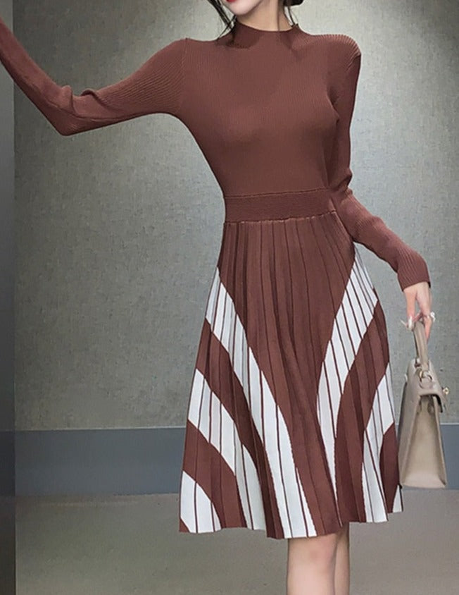 High Quality Striped Long Sleeves Pleated A Line Sweater Dress