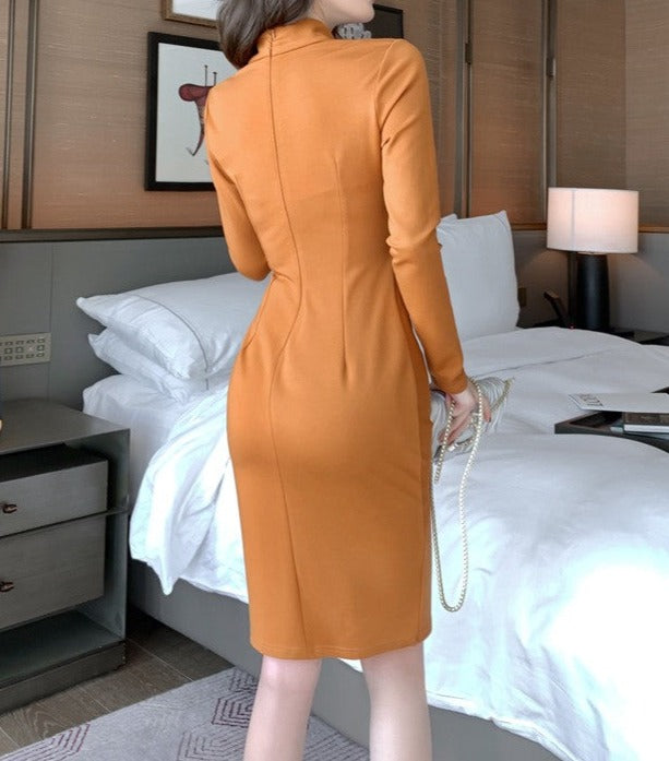 High Quality V Neck Long Sleeves Bodycon Knee Length Pencil Dress