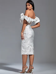 White Jacquard Elegant Sexy Off Shoulder Midi Bodycon Dress