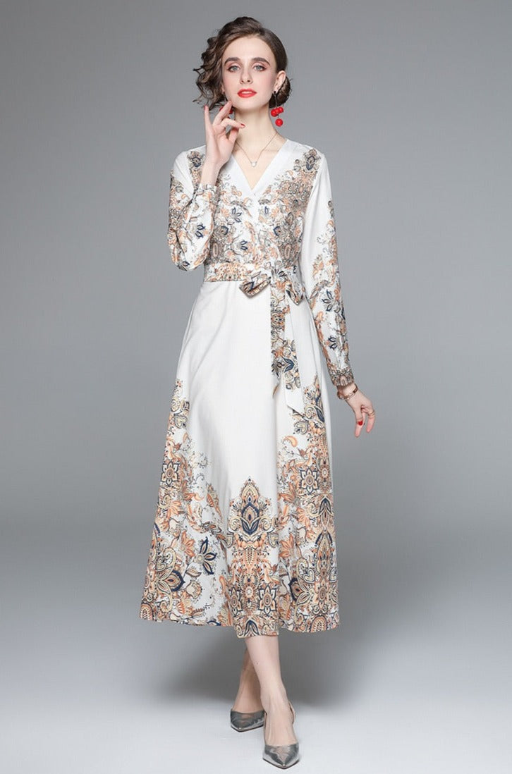 V Neck Long Lantern Sleeve Baroque Flower Print Elegant Lace Up Belted Maxi Dress