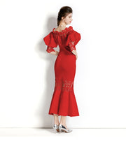 Vintage Designer High Quality Puff Sleeve Multi Color Flower Embroidery Elegant Dress