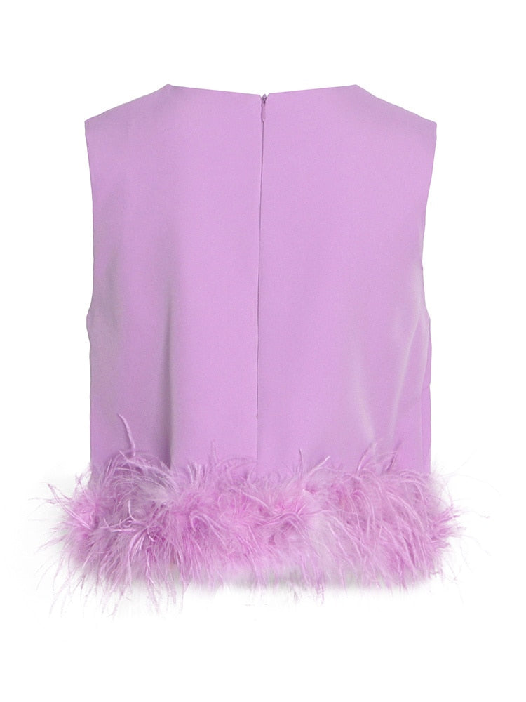 round neck sleeveless feather design shirt