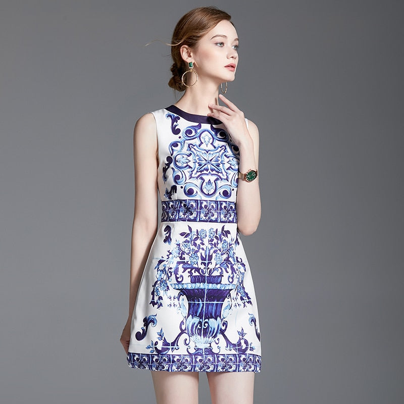 High quality blue and white porcelain print sleeveless flared dresses