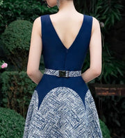 High Quality Sleeveless V Neck Elegant Blue Dress