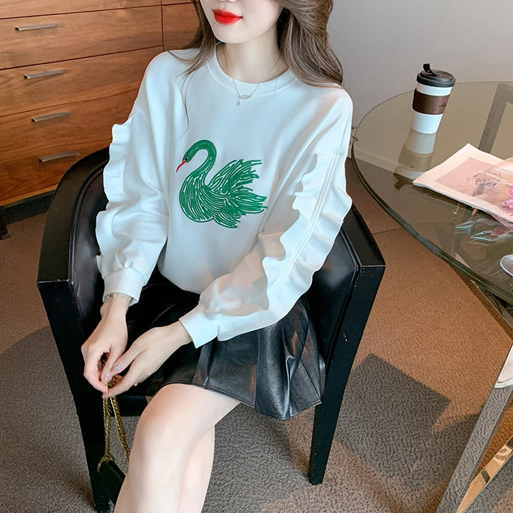 Tops Women Loose Embroidery Sweatshirt Vintage Work Casual Tops Korean Design Loose T-Shirts Female