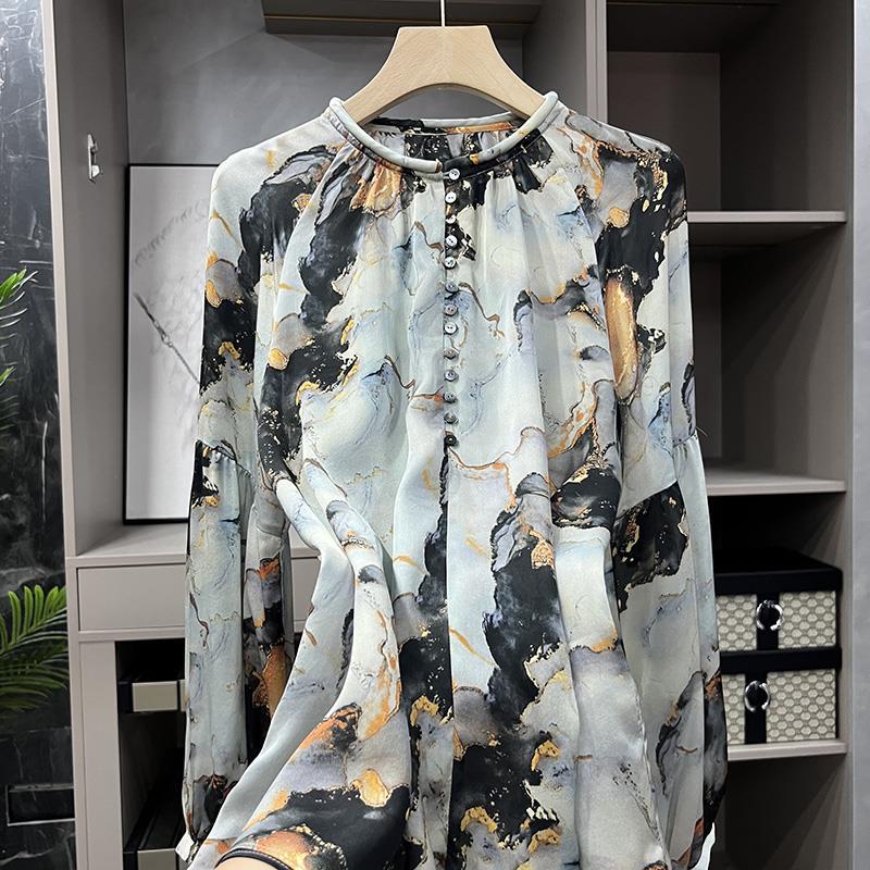 High Quality Lantern Sleeve Round Neck Silk Shirts