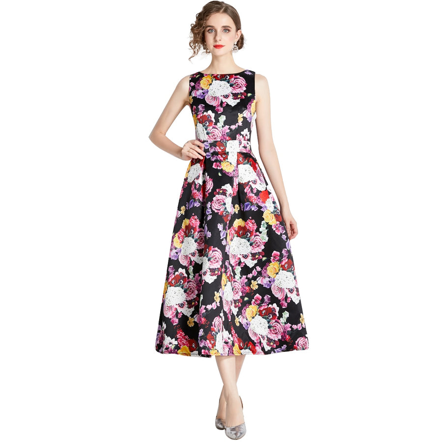 High Quality Midi Floral Print Sleeveless Round Neck Dress