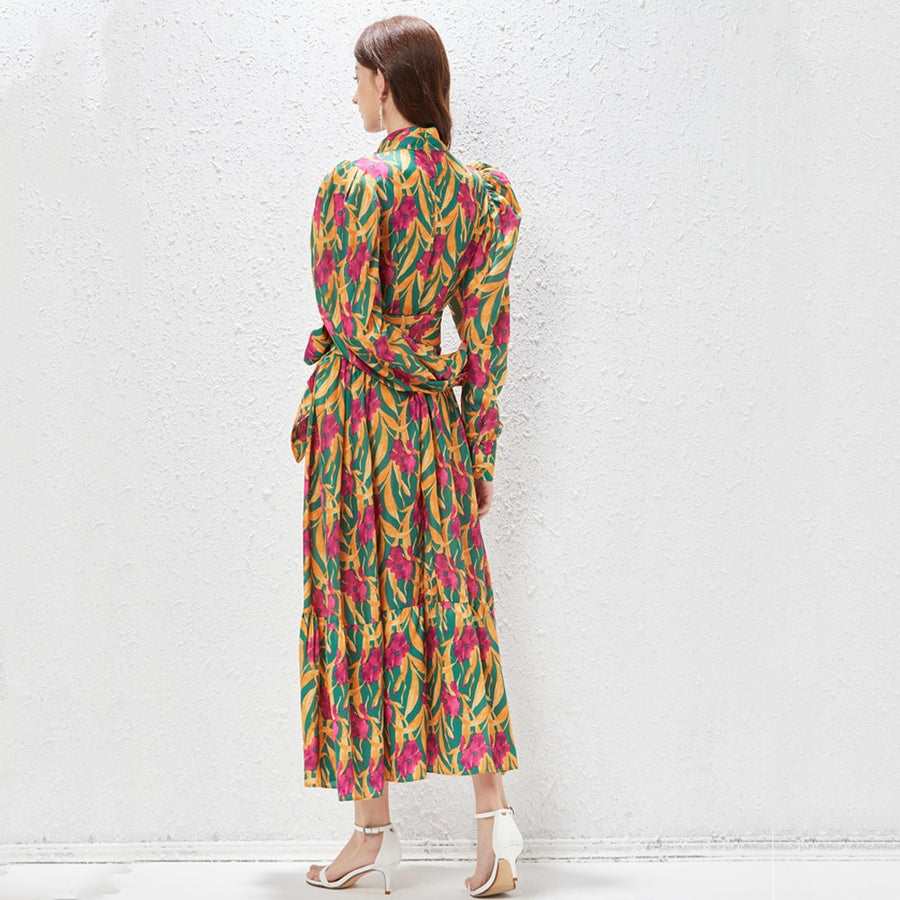 Printed Maxi Dress High Neck Long Lantern Sleeve High Quality Belt