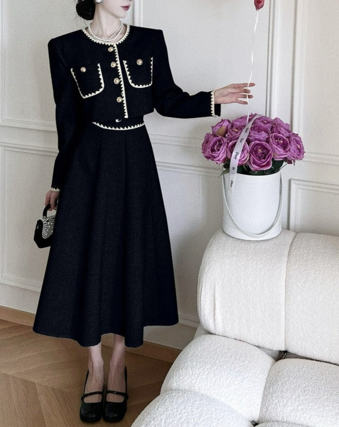 European Long Sleeves Two Piece Elegant Vintage Tweed Dress