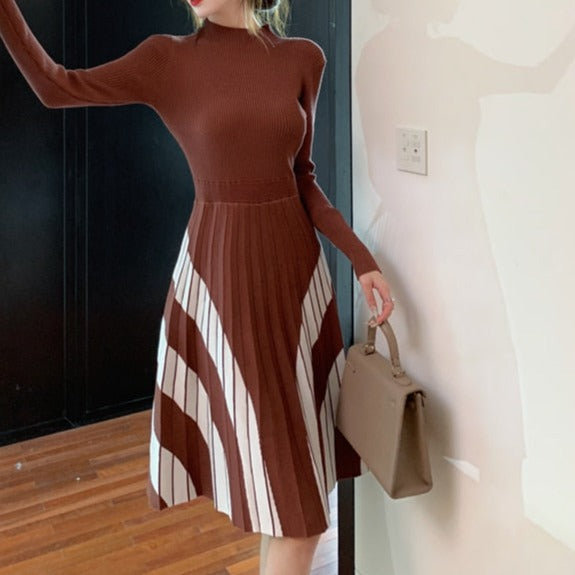 High Quality Striped Long Sleeves Pleated A Line Sweater Dress