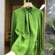 High Quality Long Sleeve Stand Collar Green Jacquard Shirt