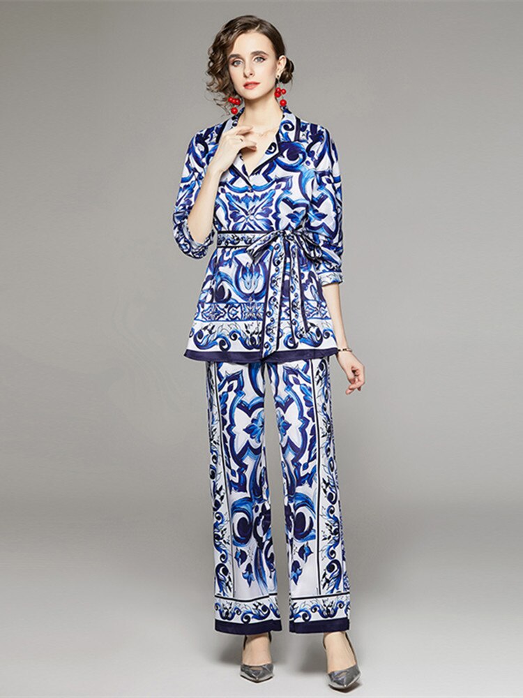 High Quality Blue Porcelain Print Long Sleeve Blouse + Pant 2 Piece Set