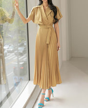 High Quality Slim Waist Belted Short Sleeve Pleated Notched Neck Elegant Dress