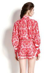 High Quality Print High Neck Lantern Long Sleeve Belted 2 Piece Set