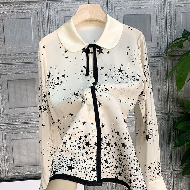 High-end long-sleeved silk shirt with high-quality satin star print