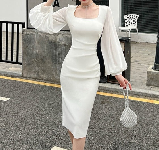 High Quality Elegant Flare Sleeve Bodycon White/Black Sheath Dress