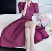 Elegant Double Breasted Midi Puff Sleeve Belted High Waist Plain Dress