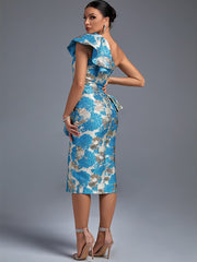 Blue Elegant Sexy Midi One Shoulder Ruffles Jacquard Bodycon Dress