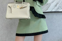 French Style Two Piece Suit Vintage Bow Ruffles Coat Simple Solid Skirt
