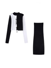 Tie Front Cropped Knitted Sweater And Elastic High Waist Midi Skirt Two Piece Sets