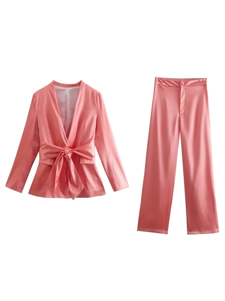 Pink Satin V Neck Bow Lace Up Long Sleeves Robe