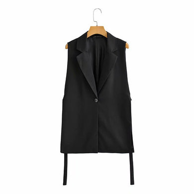 Sleeveless Solid Side Slit One Button Vest