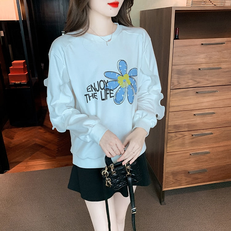 Printed O-Neck Sweatshirt Vintage Work Casual Tops Korean Design Long Sleeve Teet Loose T-Shirts