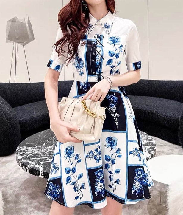 Dress elegant White and Blue floral printed knee length lace up A-line Blue / M Dress elegant White and Blue floral printed knee length lace up A-line Blue / M